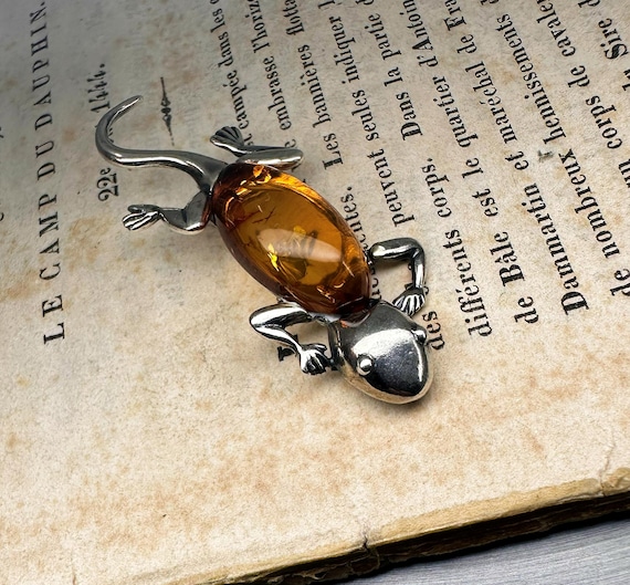 925シルバー琥珀トカゲブローチ - Etsy 日本