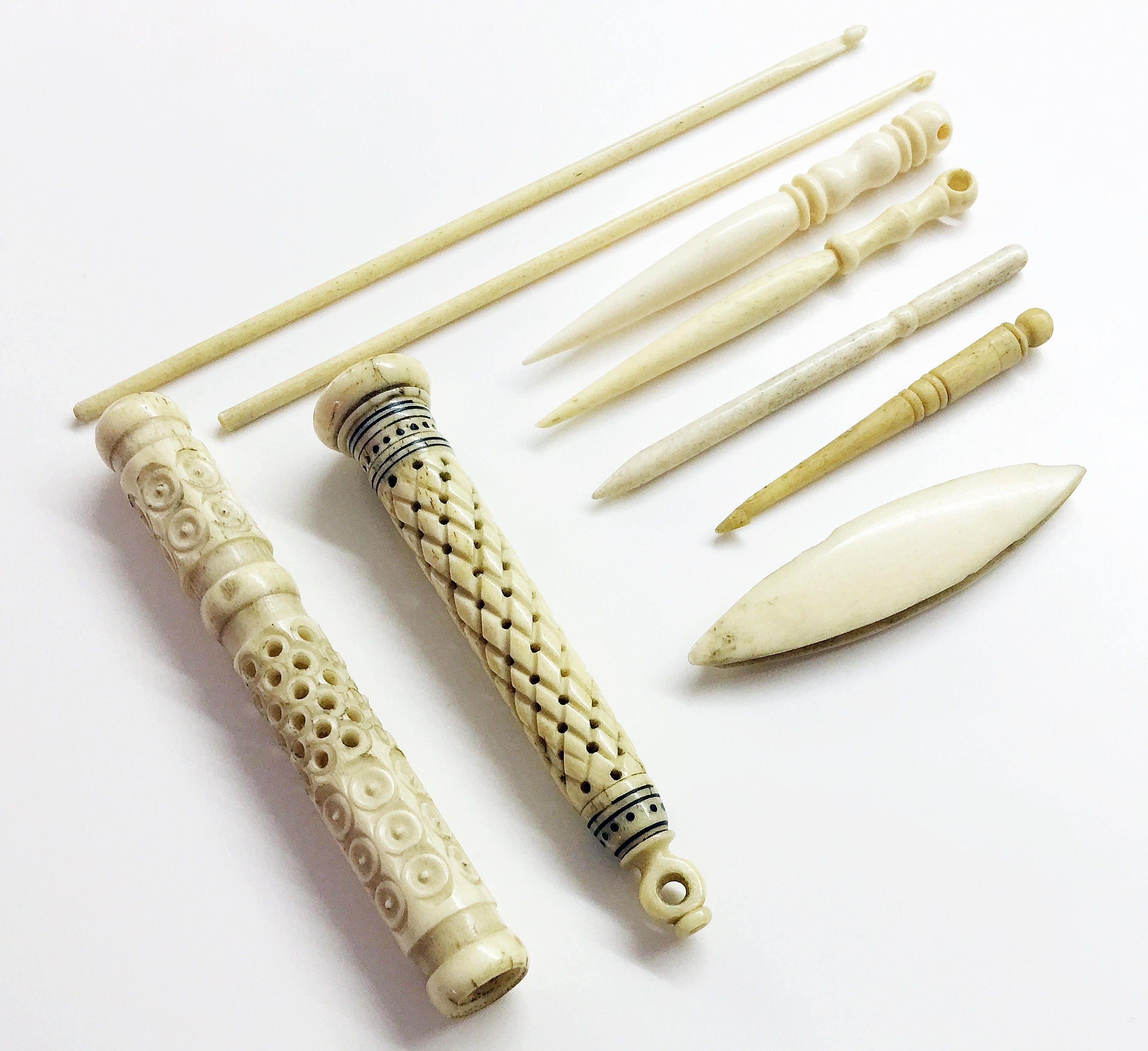 Set of 9 Antique Bone Carved Sewing Tools Rare Victorian