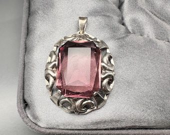 Antique German Art Deco Pendant 835 Silver Amethyst Glass Paste Pendant