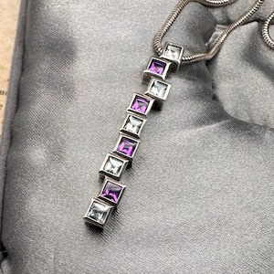 Vintage Modernist Sterling Silver Amethyst Necklace: 17&quot; Cuboid Pendant