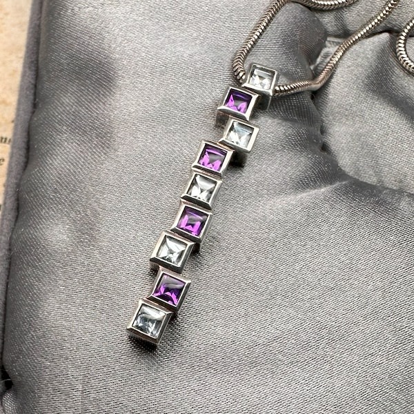 17" Modernist Sterling Necklace, Silver Amethyst Cuboid Pendant, Vintage Modernist Necklace, Perfect Gift