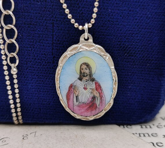 18" Jesus Necklace, German Enamel Jesus Medal, Sac