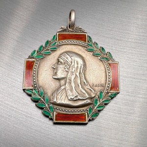 Antique French Art Deco Necklace, Enamel Medal Pendant by B.Joel