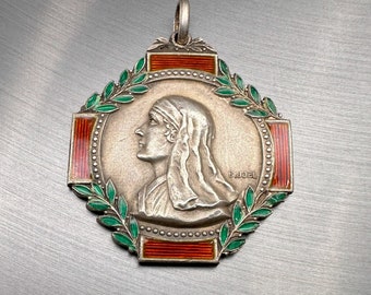 Pendentif Médaille Vintage émaillée - Motif Lyre Musique, Style Art Nouveau, Métal Argenté - Occasion