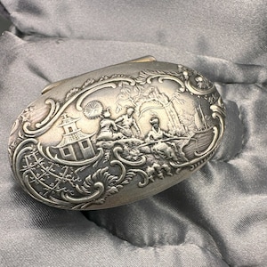 Antique Silver Pill Box: Chinese Village Scene Decor