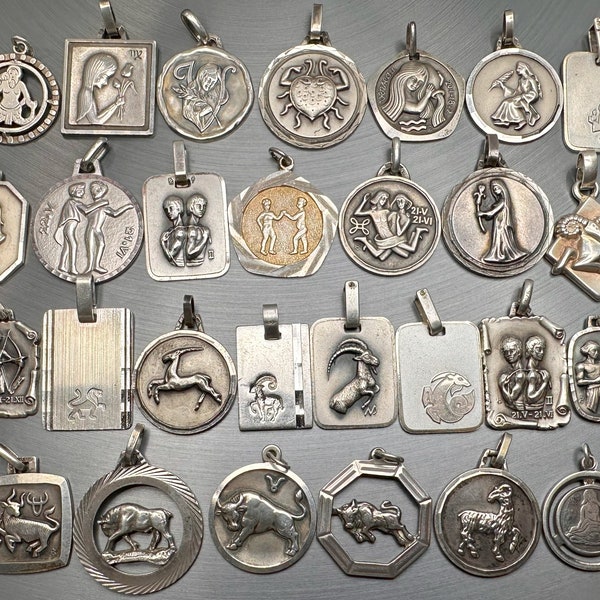 Vintage Silver Zodiac Medals, Zodiac Sign Pendant, Silver Aquarius, Virgo, Cancer, Gemini, Aries, Sagittarius, Leo, Capricorn, Taurus