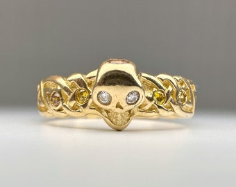 Anillo vintage de calavera con diamantes en oro de 14 quilates: Memento Mori hecho a mano, talla 11 1/2 (EE. UU.)
