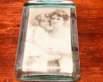 Vintage Paperweight Antique Sepia Photograph Sealed in Glass Special Gift Portrait Beautiful Mother Daughter 1920 1930 Photo I Ship Globally