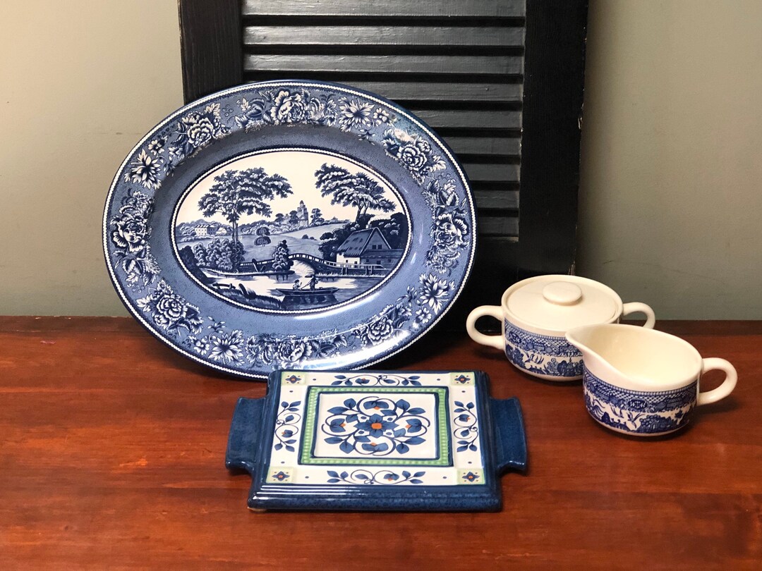 Vintage Blue and White Arrangement for Kitchen Dining Decor Blue Willow ...