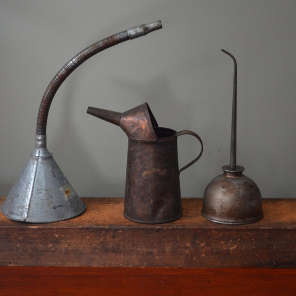 ON HOLD for Randy ++++Industrial 3 Oil Cans Long Neck Can Dispenser and Gooseneck Funnel Rustic Shabby Industrial Decor Primitive