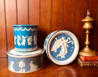 3 Decorative Vintage Tins Wedgwood Jasperware Style Roman or Greek Gods Theme Boho Decor MIdcentury Cottage Decor I Ship Globally