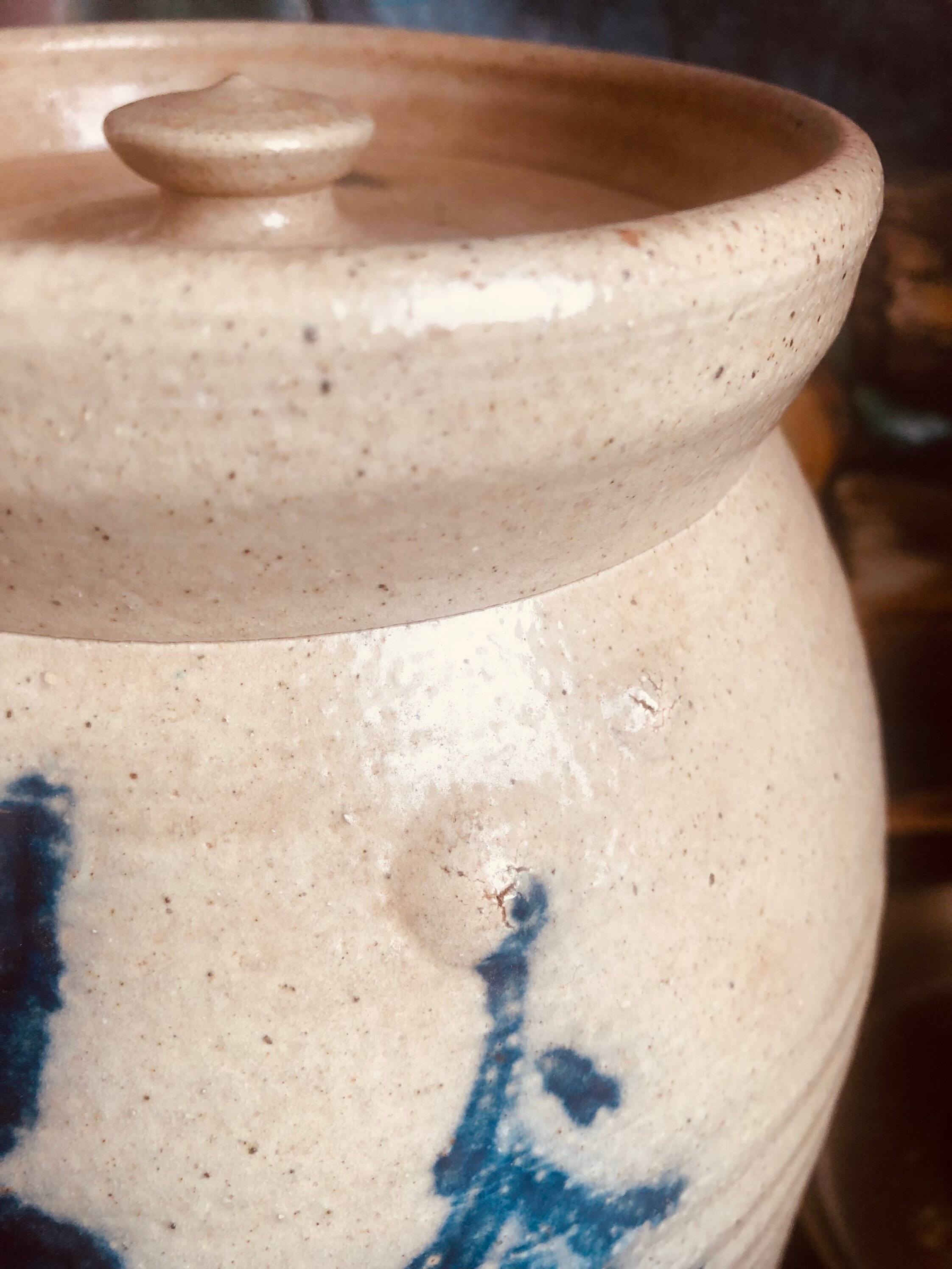 Salt Glazed Pottery Canister Crock Blue and Tan Handmade Pottery