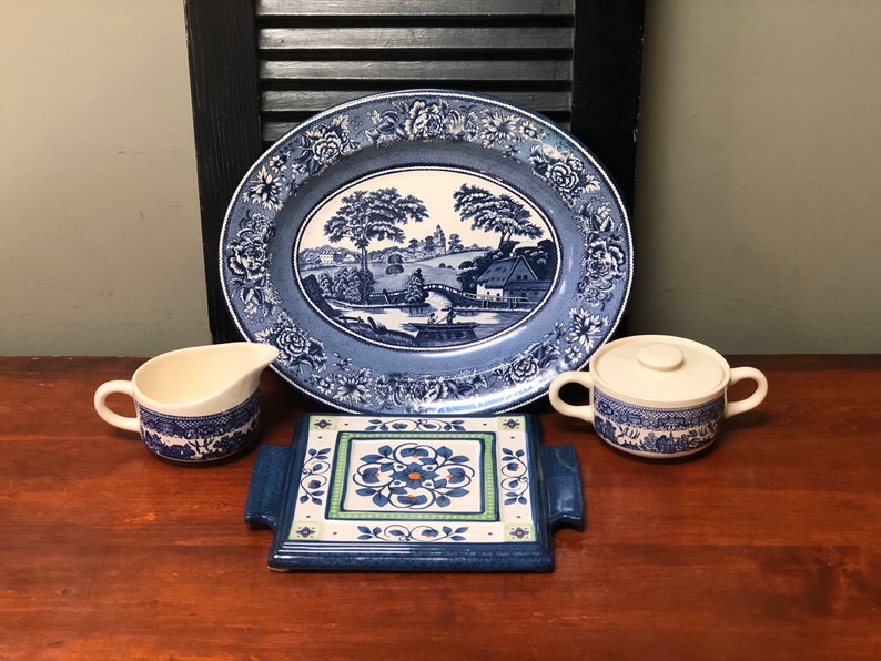 Vintage Blue and White Arrangement for Kitchen Dining Decor | Etsy