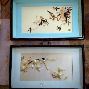 Vintage JAPANESE ABALONE ART pair.Japanese handmade abalone shell pictures framed.