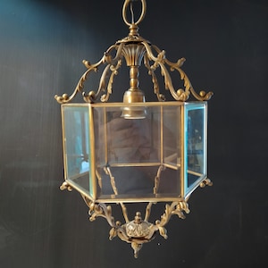 1950's Brass and Bevelled Glass lantern pendant lamp