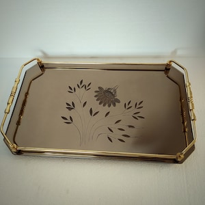 1960&#39;s Brass and Mirror Tray.Hand crafted mid century etched mirror tray.