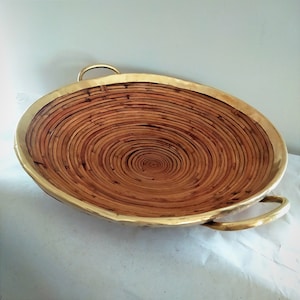 1970&#39;s Pencil Reed Bowl with Brass Rim and Handles.