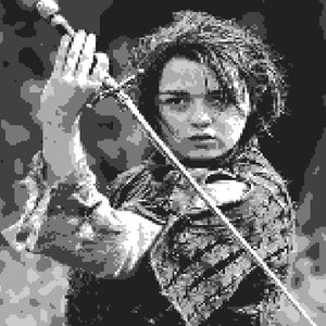 May include: A monochrome image of a person holding a sword. The person is looking towards the camera. The sword is held at an angle, with the tip pointing upwards. The person is wearing a patterned garment.