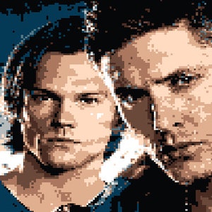 May include: Pixelated artwork featuring two men's faces, one on the left with long hair and the other on the right with short hair. The color palette consists of shades of brown, tan, and blue, creating a digital art style.