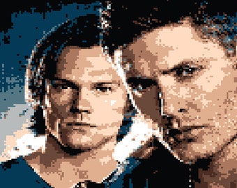 May include: Pixelated artwork depicting two men's faces, one with long hair on the left and the other with short hair on the right. The colour scheme uses browns, tans, and blues, giving a digital art appearance.