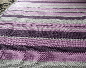 Light and Dark Purple and grey striped hand crocheted afghan / lapghan / blanket