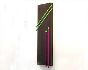 Wood wall art ebonized cedar with inlaid 3D raspberry and green dye
