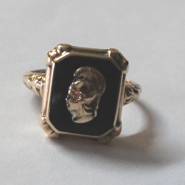 Vintage Cameo Ring Onyx Roman Greek Warrior Soldier Ring 10k yellow gold - sku 1908b2