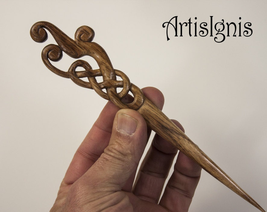 Hair Stick "Celtic Flame" by ArtisIgnis Accessories Hair Accessories Hair Pins Handmade in African Padauk Wood Hair Pin,Gift for her Wood Anniversary-MADE TO ORDER Double-Sided 