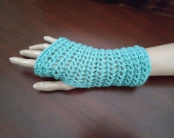 Aqua wrist warmers, fingerless gloves, mitts.