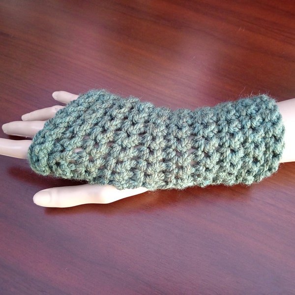 Khaki green wrist warmers, fingerless gloves, mitts.