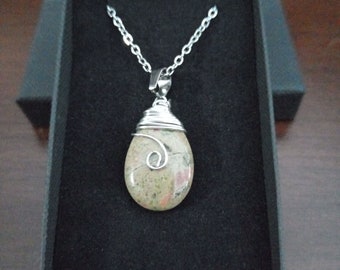 Unakite wire wrapped pendant. Crystal. Mother's Day. Valentine's. Gift. Mum. Mom. Christmas. Necklace. Boxed.
