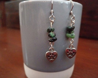 Ruby in Zoisite and silver tone pawprint heart earrings on stainless steel Ear wires. Valentines Day. Mother's Day. Friendship.
