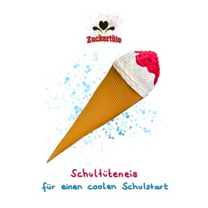 AUFTRAG Spaghetti-EIS-Schultüte EIS Vanille mit Erdbeersoße und weiße-Schoki-Streusel Zuckertüte flink lieferbar