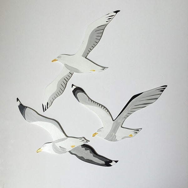 Set of 3 flying seagulls. Wall decoration.