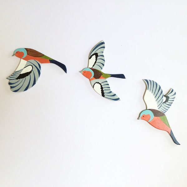 3 flying wooden chaffinches wall decor