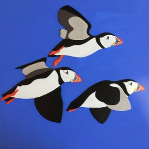 Set of 3 Flying puffins. Wall decorations.