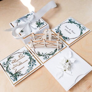 Carte de mariage dans une boîte qui explose avec eucalyptus, cadeau personnalisé rustique pour les jeunes mariés, emballage cadeau en argent, voeux de mariage
