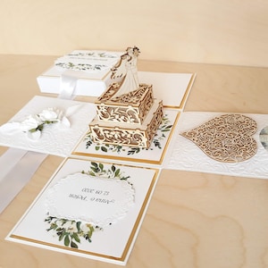 Boîte explosive de mariage pivoine blanche, carte de mariage luxueuse dans une boîte, carte de félicitations de mariage rustique et bohème