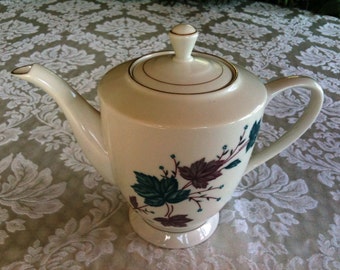 Vintage teapot -teal and mauve ivy
