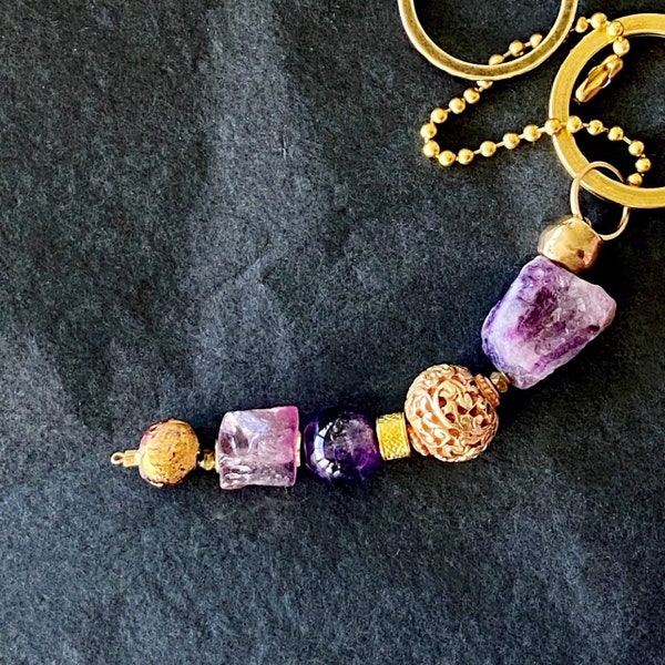 Tibetan Amulet Carved Gold Bead, Amethyst, Fluorite Keychain