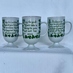 Set of three Irish coffee mugs/ 3 footed Irish coffee mugs/ green and white Irish coffee mugs