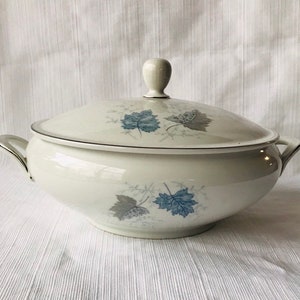 lidded bowl made in Western Germany/ blue and white  china bowl with lid/