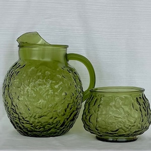 Glass pitcher and bowl vase/ green textured glass pitcher/ green textured glass vase/ pitcher and vase / vintage glass