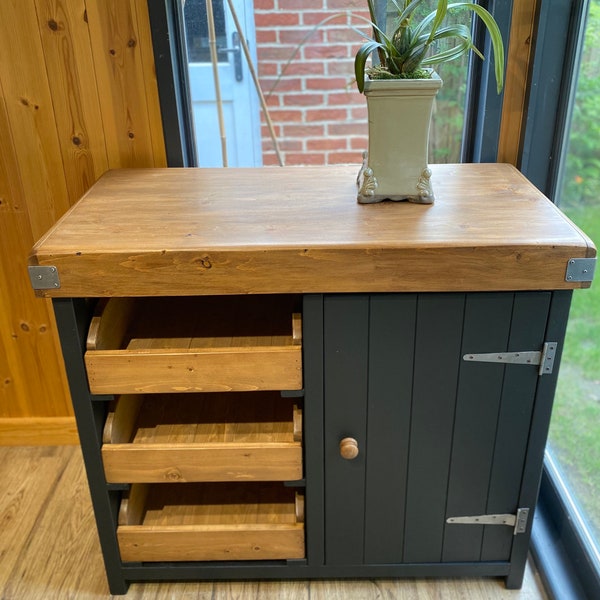 For Ed. Handmade Butchers Block with tray drawers and cupboard. Hand painted in Frenchic Blackjack