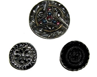 Lot of 3: Antique Victorian Old Black Glass Buttons - Two With Silver Luster