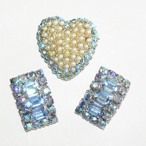 Vintage WEISS Light Blue AB Clip Earrings and Matching Heart Pin/Brooch