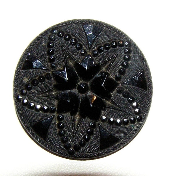 Antique Old Black Glass NBS Large Lacy Button with Five Point Design