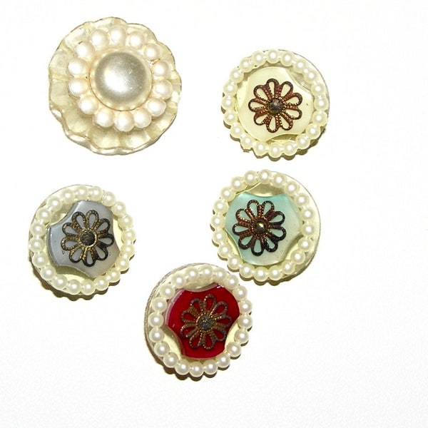 Multicolored Plastic Buttons Outlined with Faux Peals and Perforated Brass Metal Stamp c1950s