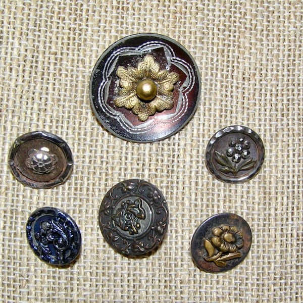 Lot of 6:  Antique Metal Picture Buttons - Subject is Flowers