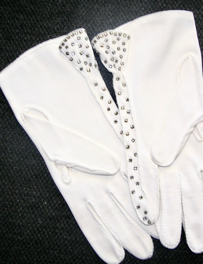 Mid-century White Gloves With Prong Set Rhinestones up the